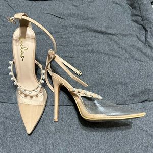 Lulus Pearson light nude vinyl pearl studded ankle strap pumps